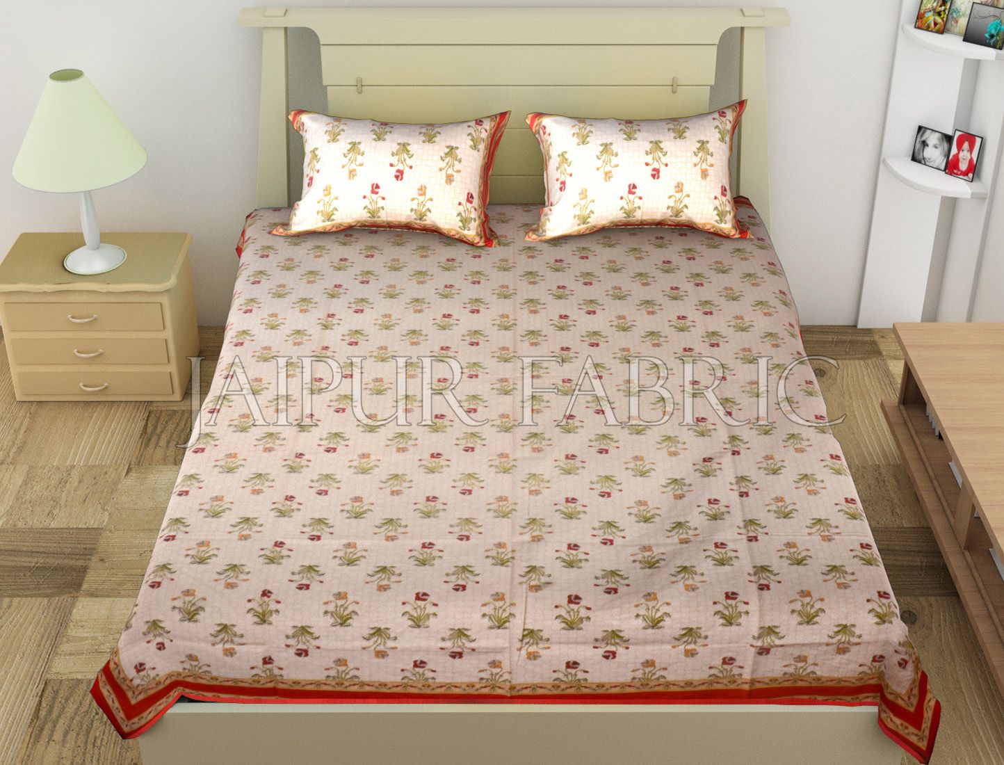Red Border Trellis Base Floral Printed Cotton Single Bed Sheet