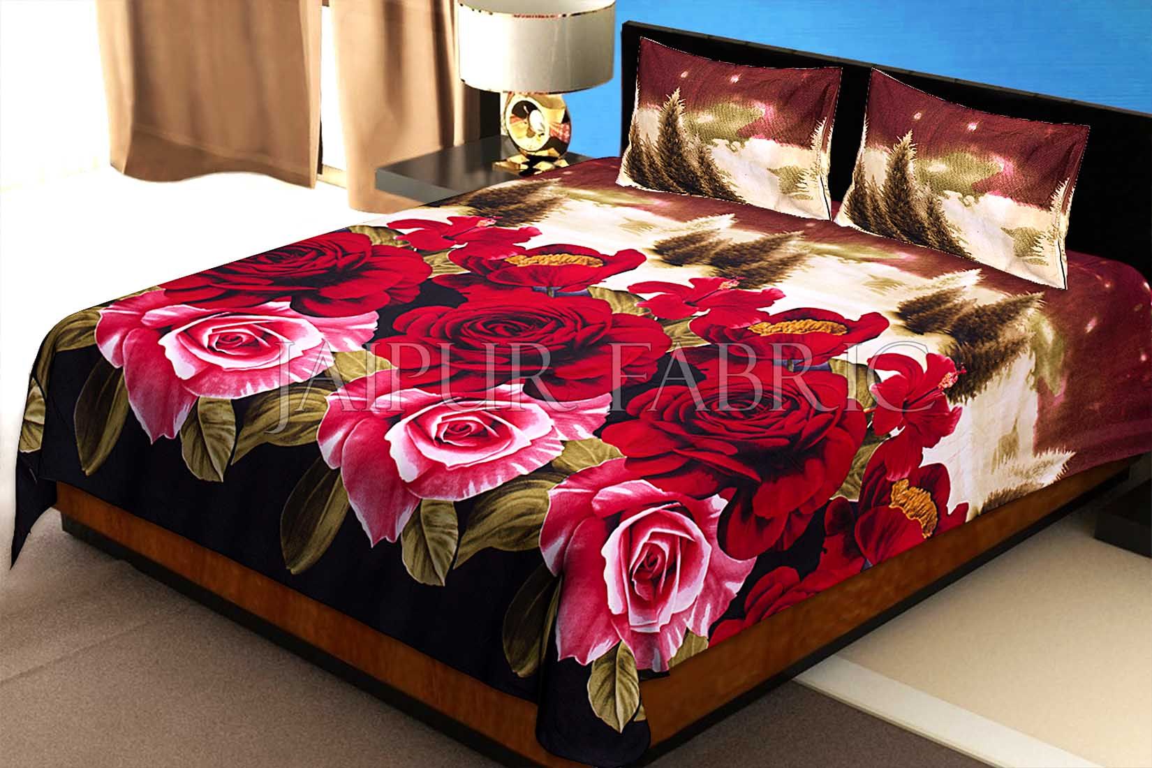 Red Floral Print Cotton Single Bed Sheet
