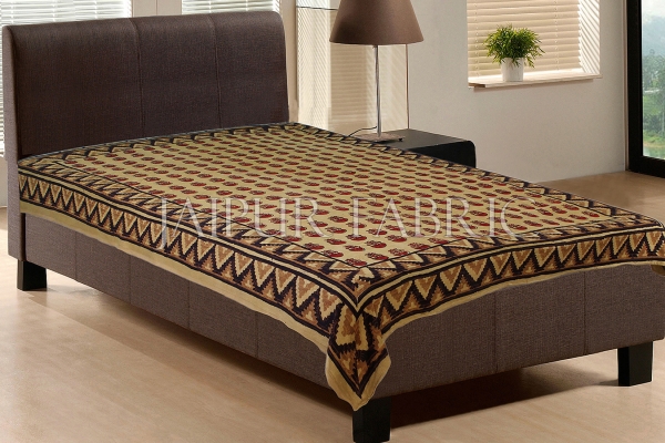 Jaipur Bagru Brown Base Red Diya Design Hand Block Printed Single Cotton Bed sheet