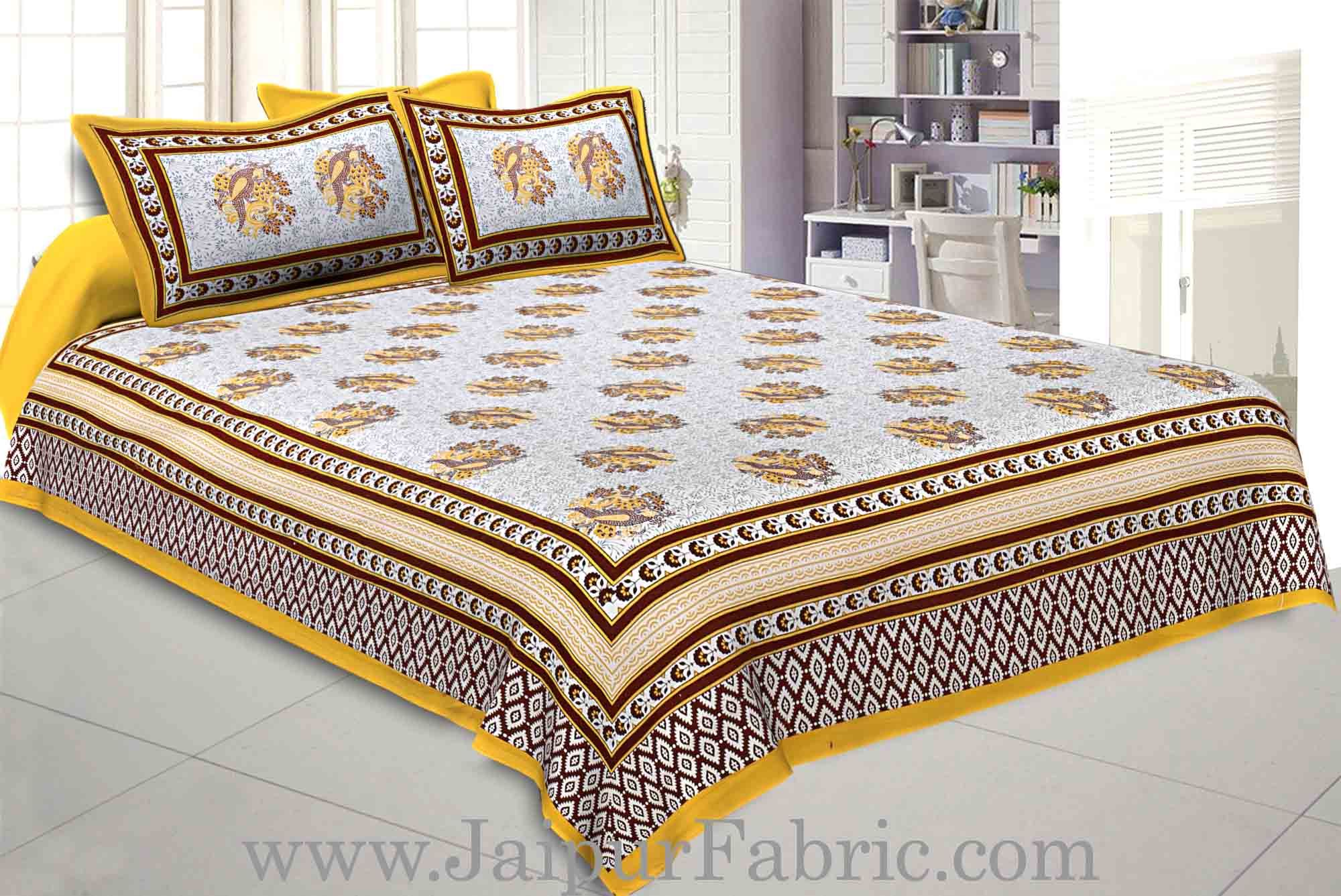 Double bedsheet Yellow Border With Big Boota  Print Fine Cotton With Two Pillow Cover