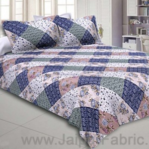 Twill Geometric Double Bedsheet Blue White Multi Floral
