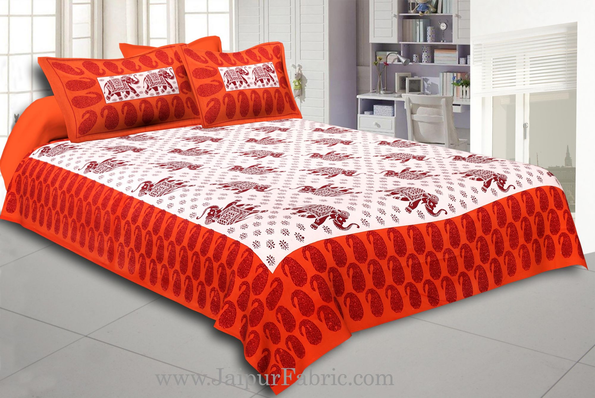 Orange Border With Maroon Base Elephant  Pattern Cotton Double Bed Sheet