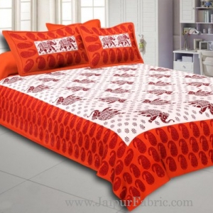 Orange Border With Maroon Base Elephant  Pattern Cotton Double Bed Sheet