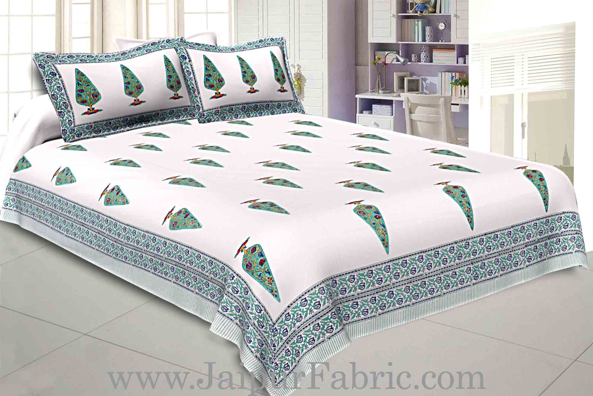 Double Bed Sheet White Base With Kadi Print Multi Tree  Print Super Fine Cotton