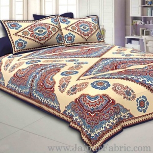 Blue Border Multi Big Boota Golden Boota Fine Cotton Double Bedsheet With Two Pillow