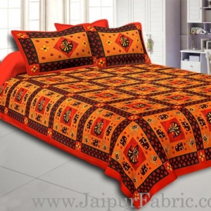 Orange Border Orange Base Gujri Dance In Square Patton Cotton Double Bed Sheet