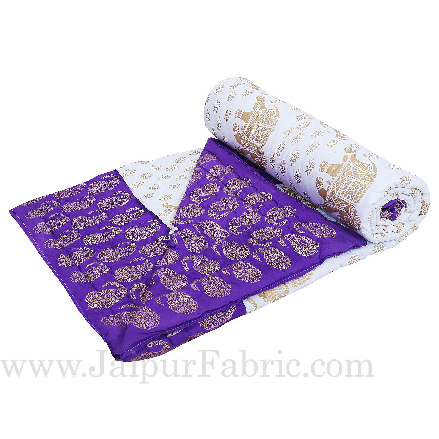 Purple Border Cream Base  With Golden Print Elephant Print Super Fine Cotton Voile(Mulmul) Both Side Printed Cotton Double Bed Quilt