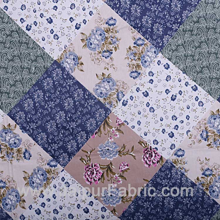 Twill Geometric Double Bedsheet Blue White Multi Floral