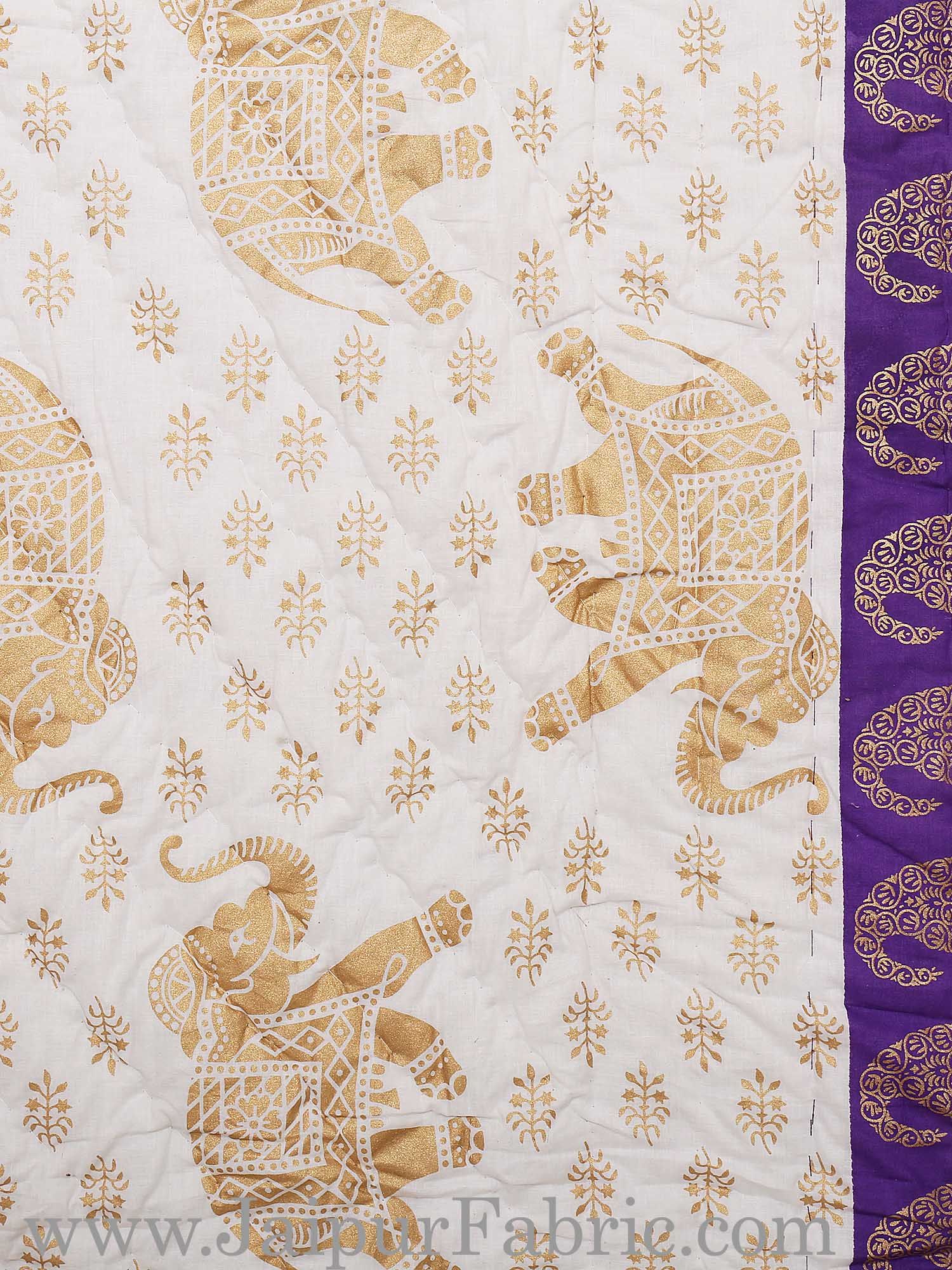 Purple Border Cream Base  With Golden Print Elephant Print Super Fine Cotton Voile(Mulmul) Both Side Printed Cotton Double Bed Quilt