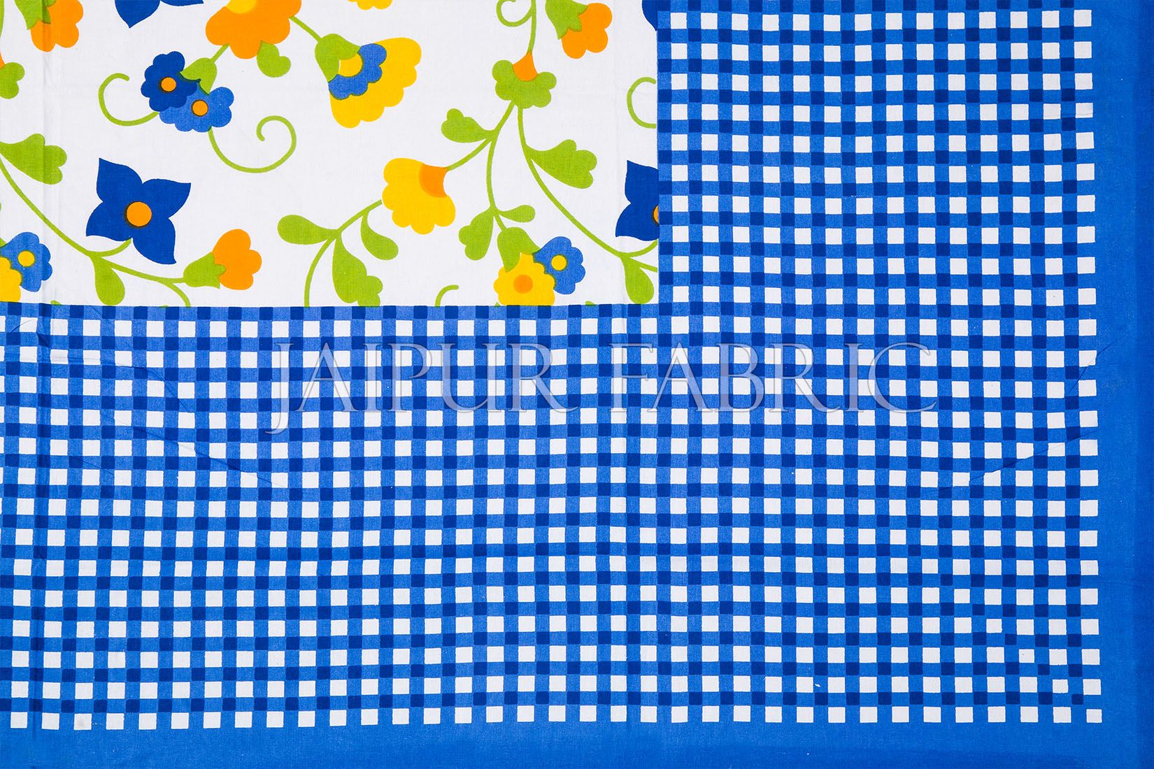 Blue Checks White Base Floral Print Single Cotton Bed sheet