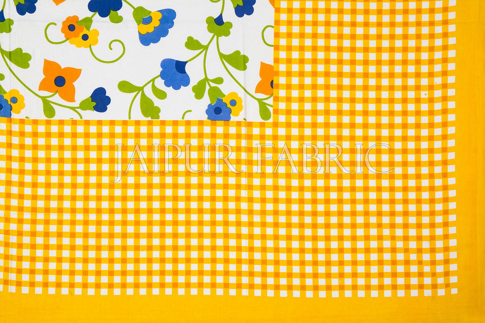 Yellow Checks White Base Floral Print  Single Cotton Bed sheet