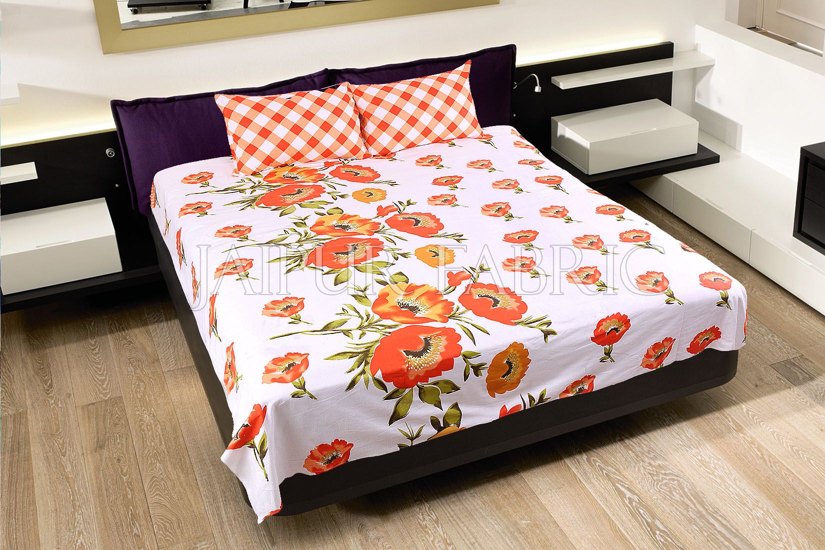 Orange Checkered Plaid Pattern Double Bed Sheet