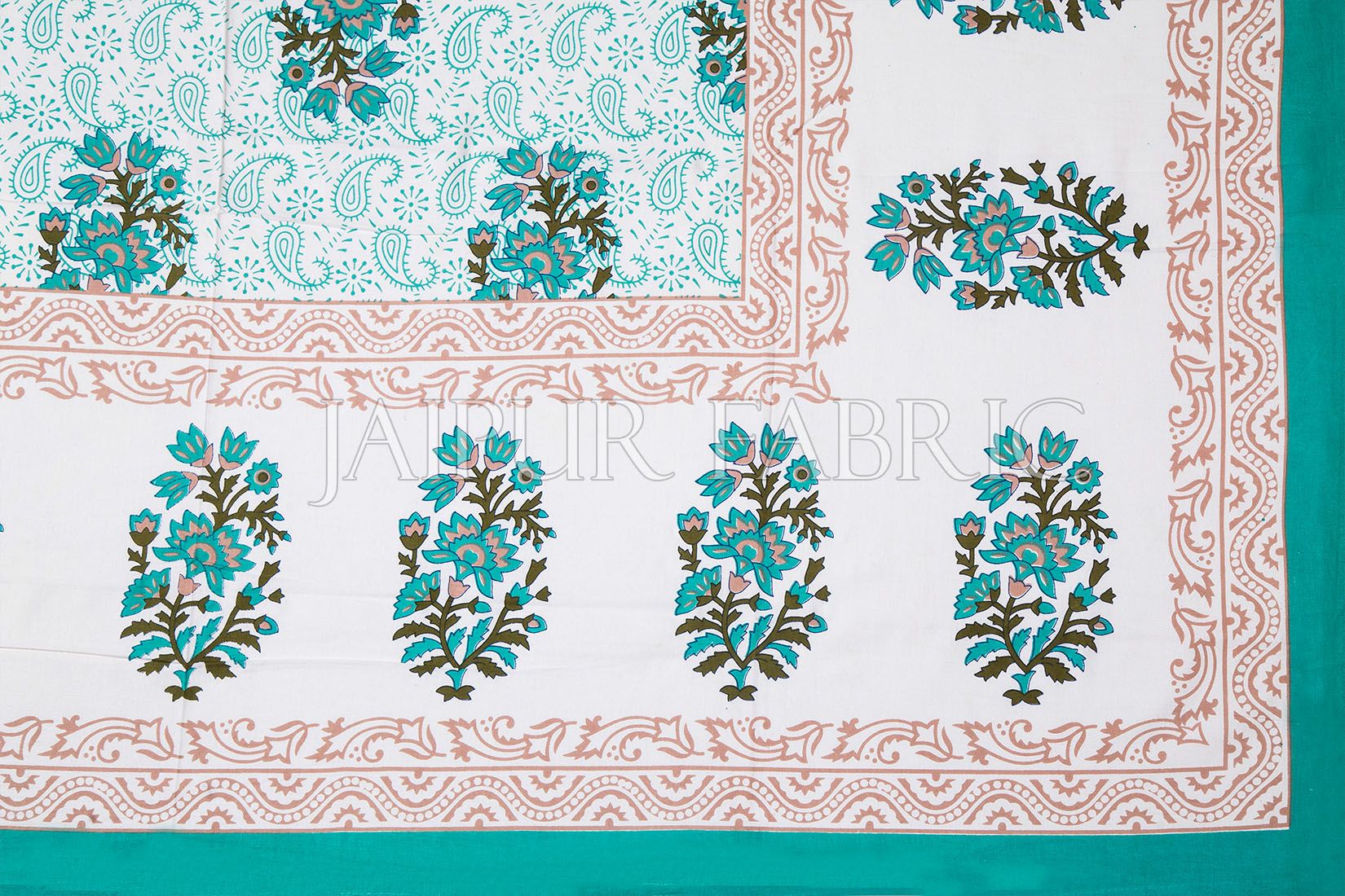 White Base Bluish Green Floral Print Cotton Single Bed Sheet
