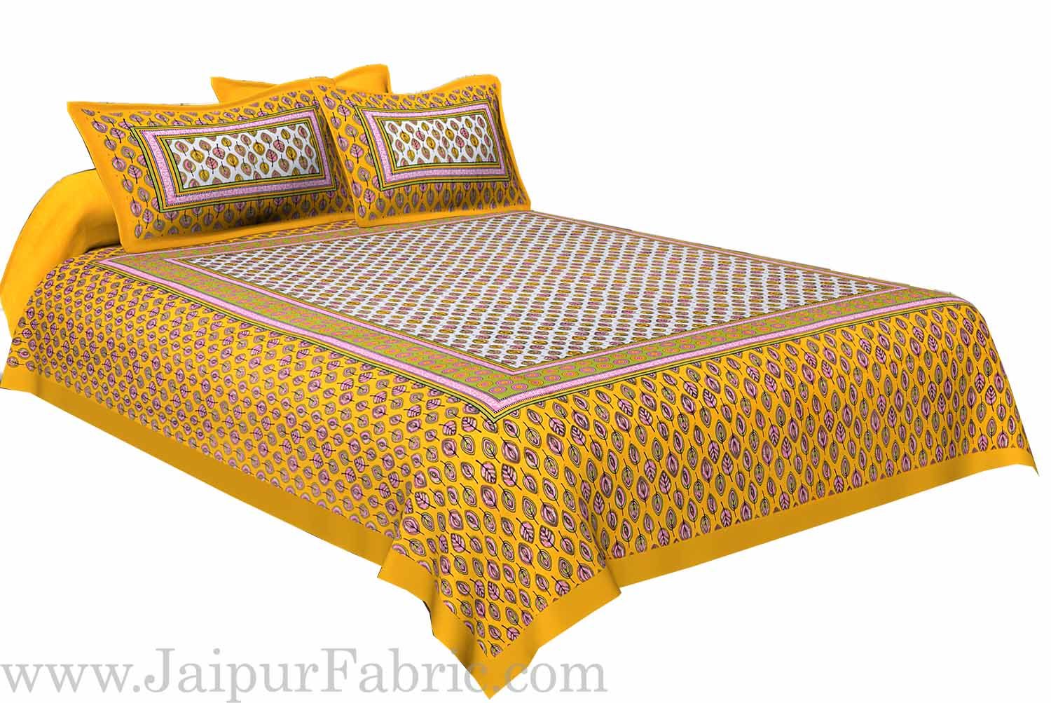 Yellow Border Leaf Pattern Screen Print Cotton Double Bed Sheet