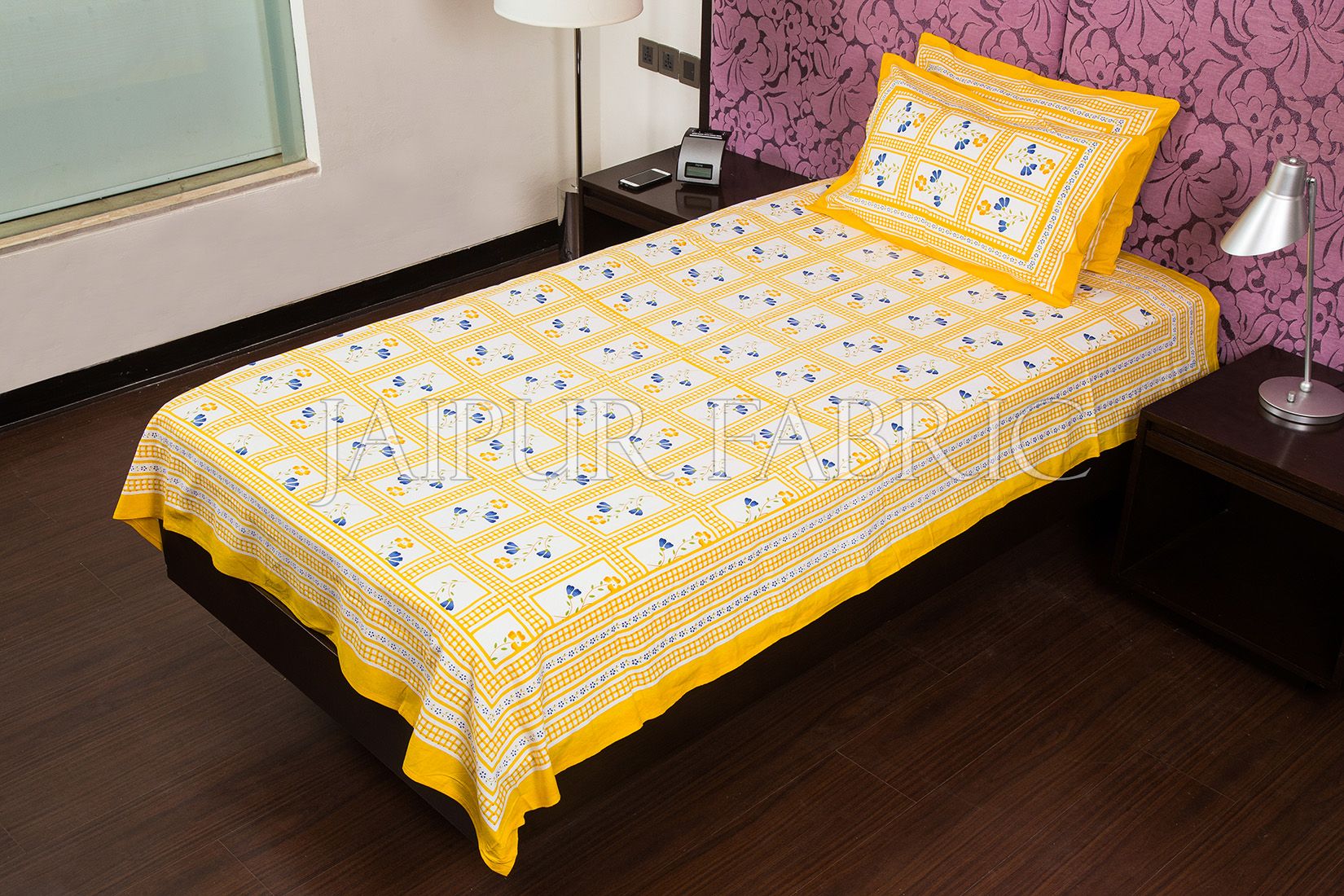Yellow Color White Base Floral Print  Single Bed Sheet