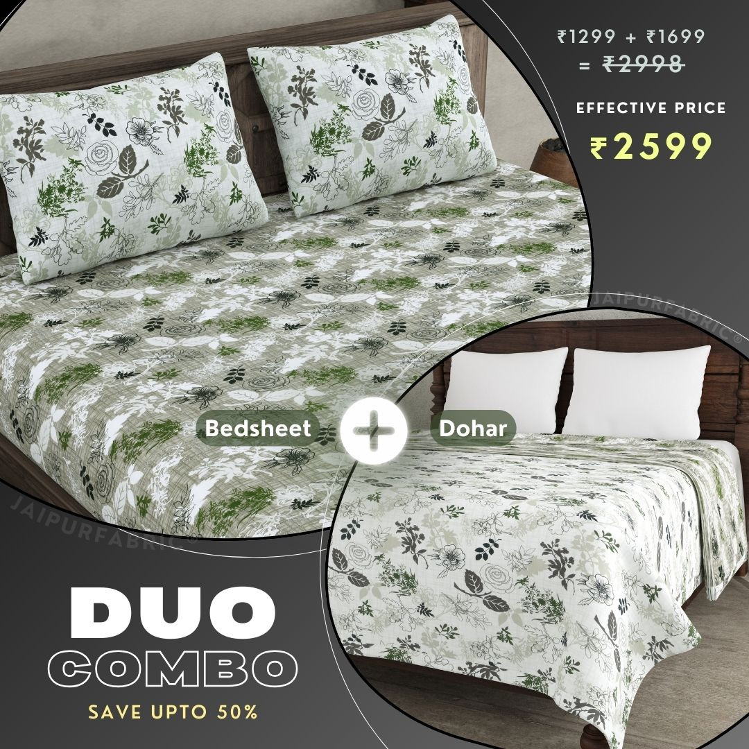 The Finest Pick Rose Pattern Green Dohar and Bedsheet Combo