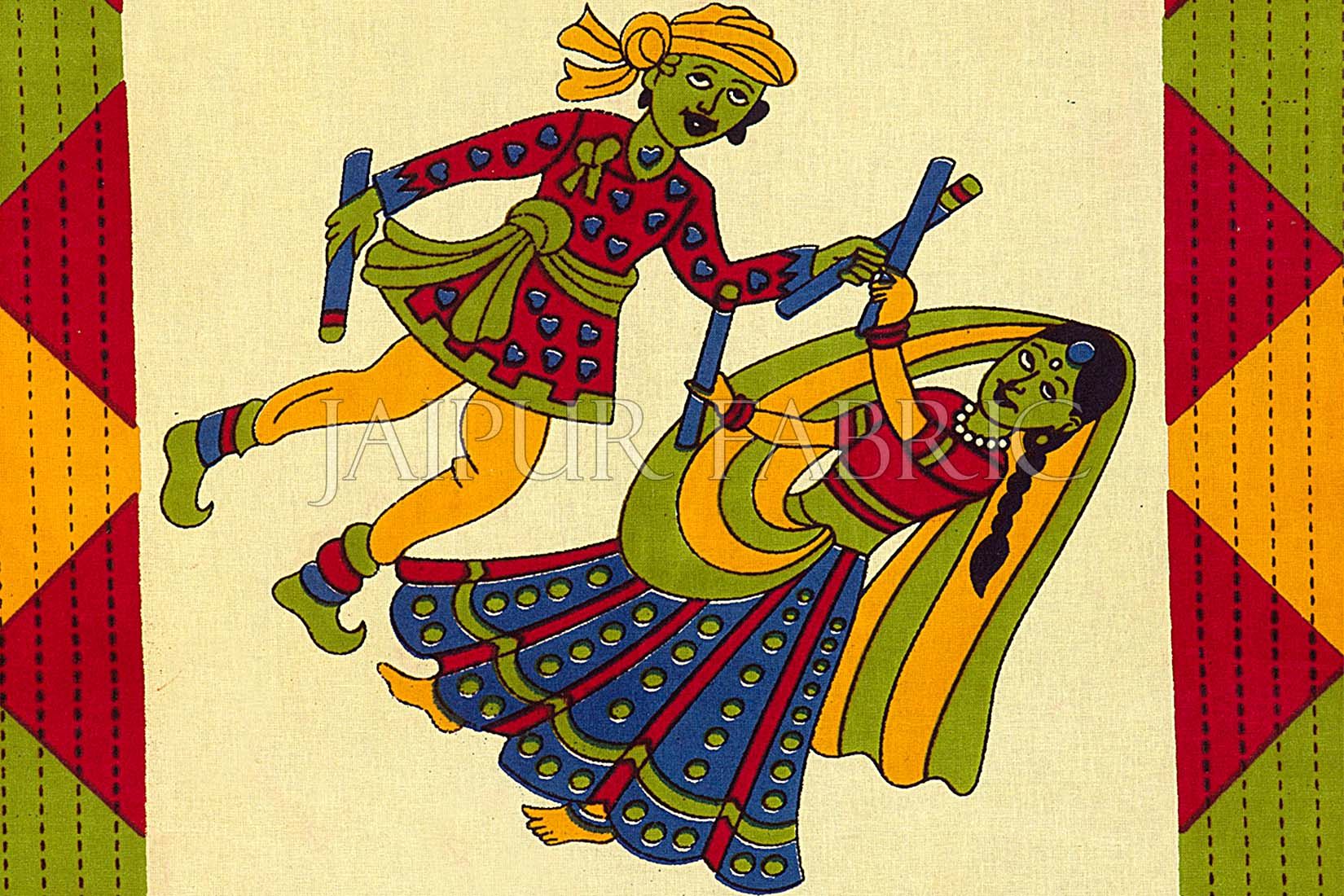 Cream Base Blue Border Jaipuri Folk Dance Print Cotton Diwan Set