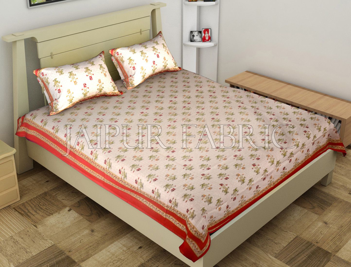 Red Border Trellis Base Floral Printed Cotton Single Bed Sheet