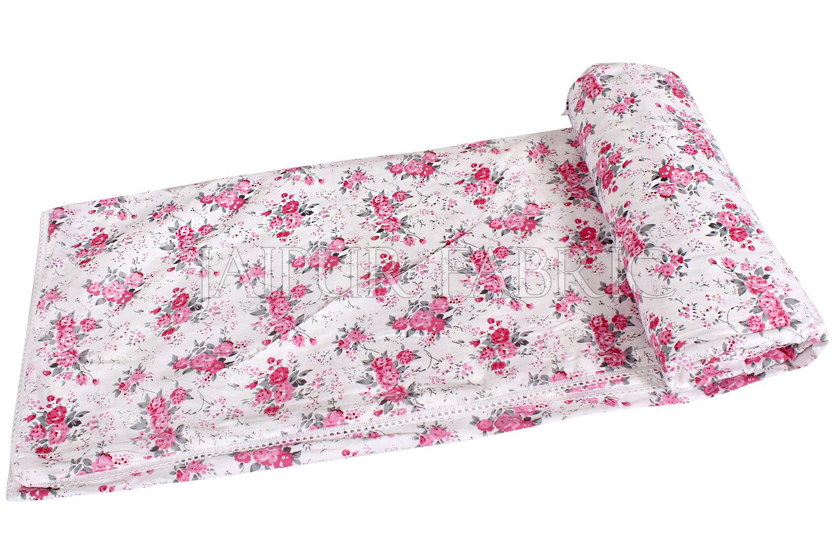 White Base Pink Floral Print Cotton Single Bed AC Quilt