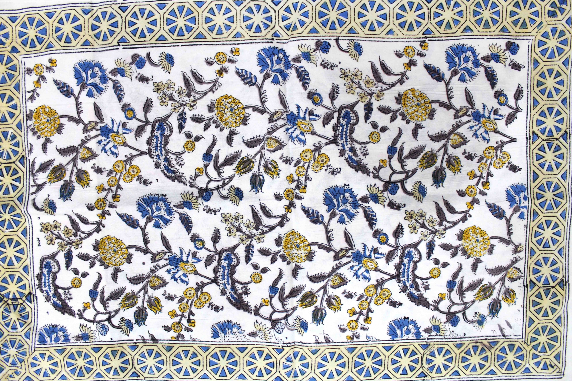 Blue Border with White Base Floral Hand Block Print Double Bed Sheet with Two Pillow Covers