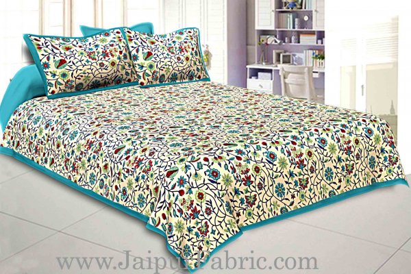 Double Bedsheet With Sea Green Branch Of Pomegranate With Two Pillow Cover
