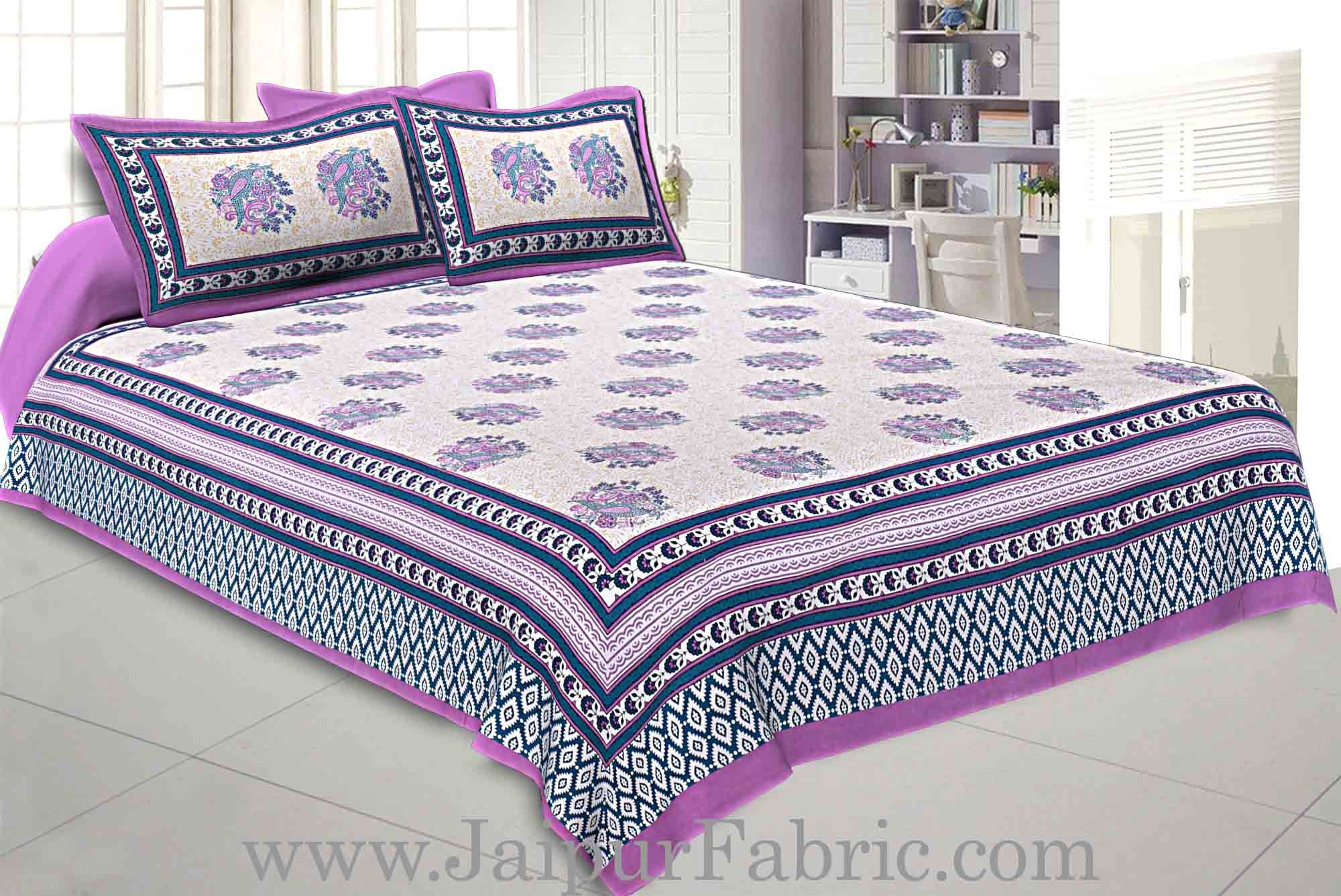 Double bedsheet Purple Border With Big Boota  Print Fine Cotton With Two Pillow Cover