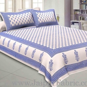 Double Bedsheet Blue Border White Base Small Leaf Print  With Two Pillow Cover