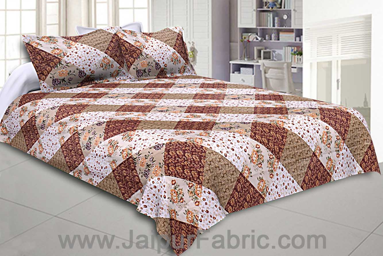 Twill Geometric Double Bedsheet Brown White Multi Floral