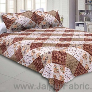 Twill Geometric Double Bedsheet Brown White Multi Floral