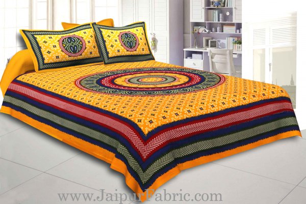 Yellow Border Bandhej and Rangoli Print Cotton Double Bed Sheet With Two Pillow Cover