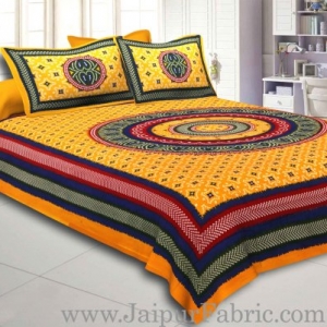 Yellow Border Bandhej and Rangoli Print Cotton Double Bed Sheet With Two Pillow Cover