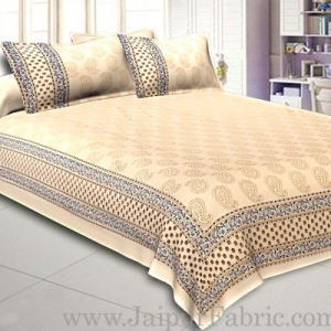 Double Cotton Bed Sheet  Cream  Base With Golden hand Block Leaf  Print