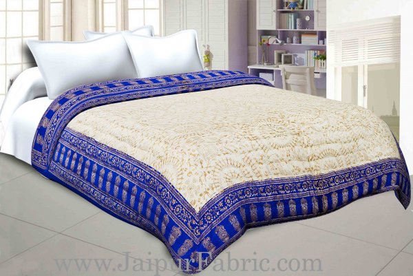 Light Blue  Cream Base  With Golden Print Figure Print Super Fine Cotton Voile(Mulmul) Both Side Printed Cotton Double Bed Quilt