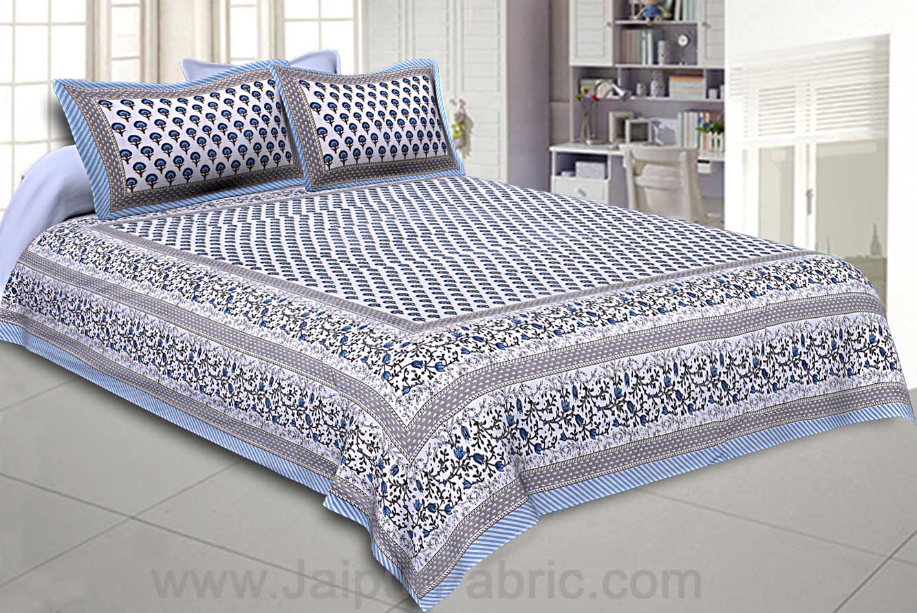 Multi Blue Floral Double Bedsheet with Two Pillow Cover