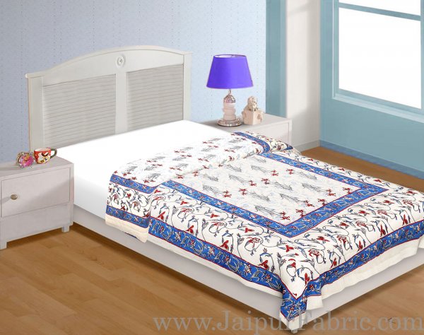 Cream Base Sky Blue  Border  Bud And Tree Both Side Printed  Cotton Single Quilt