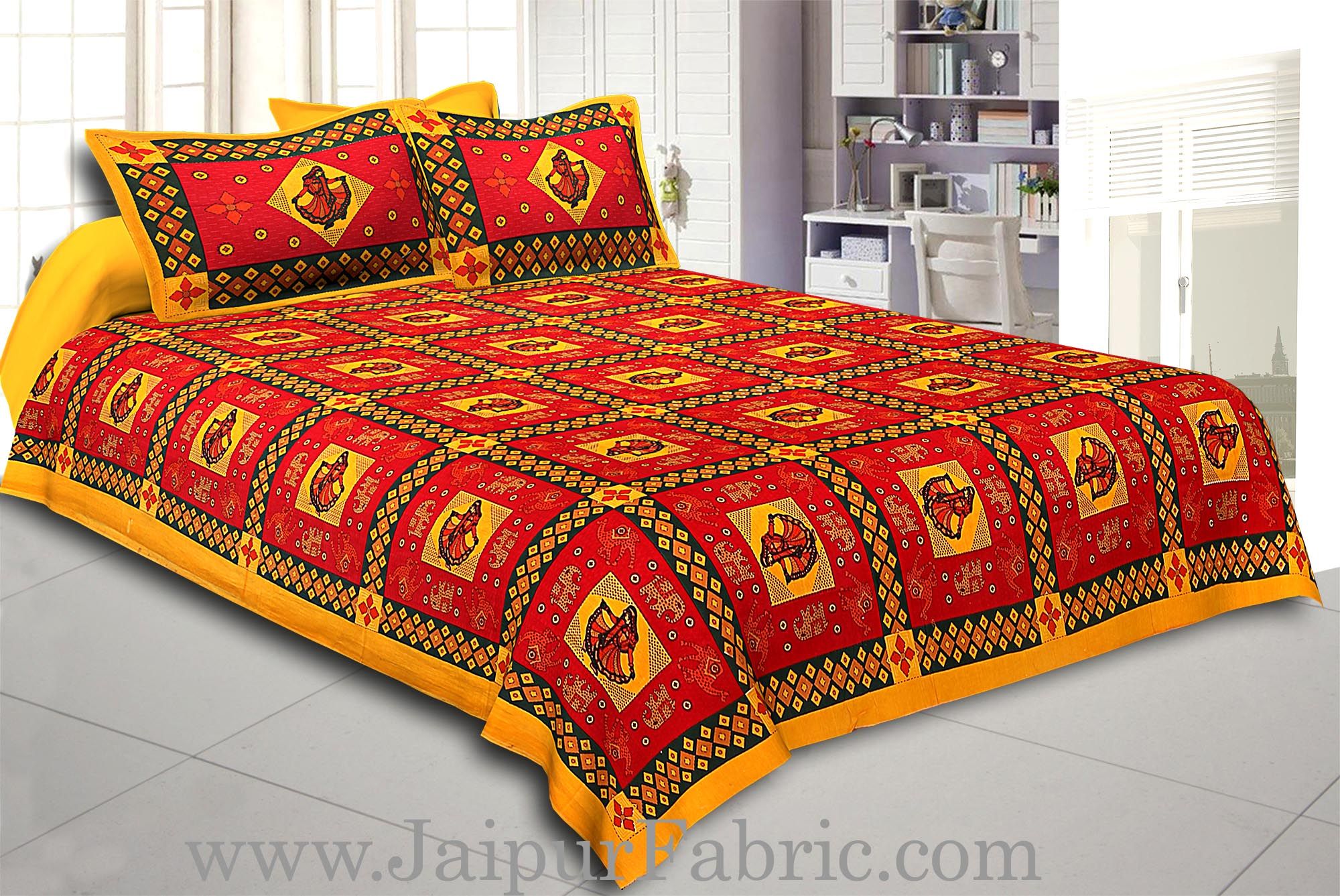 Yellow Border Red Base Gujri Dance In Square Pattern Cotton Double Bed Sheet