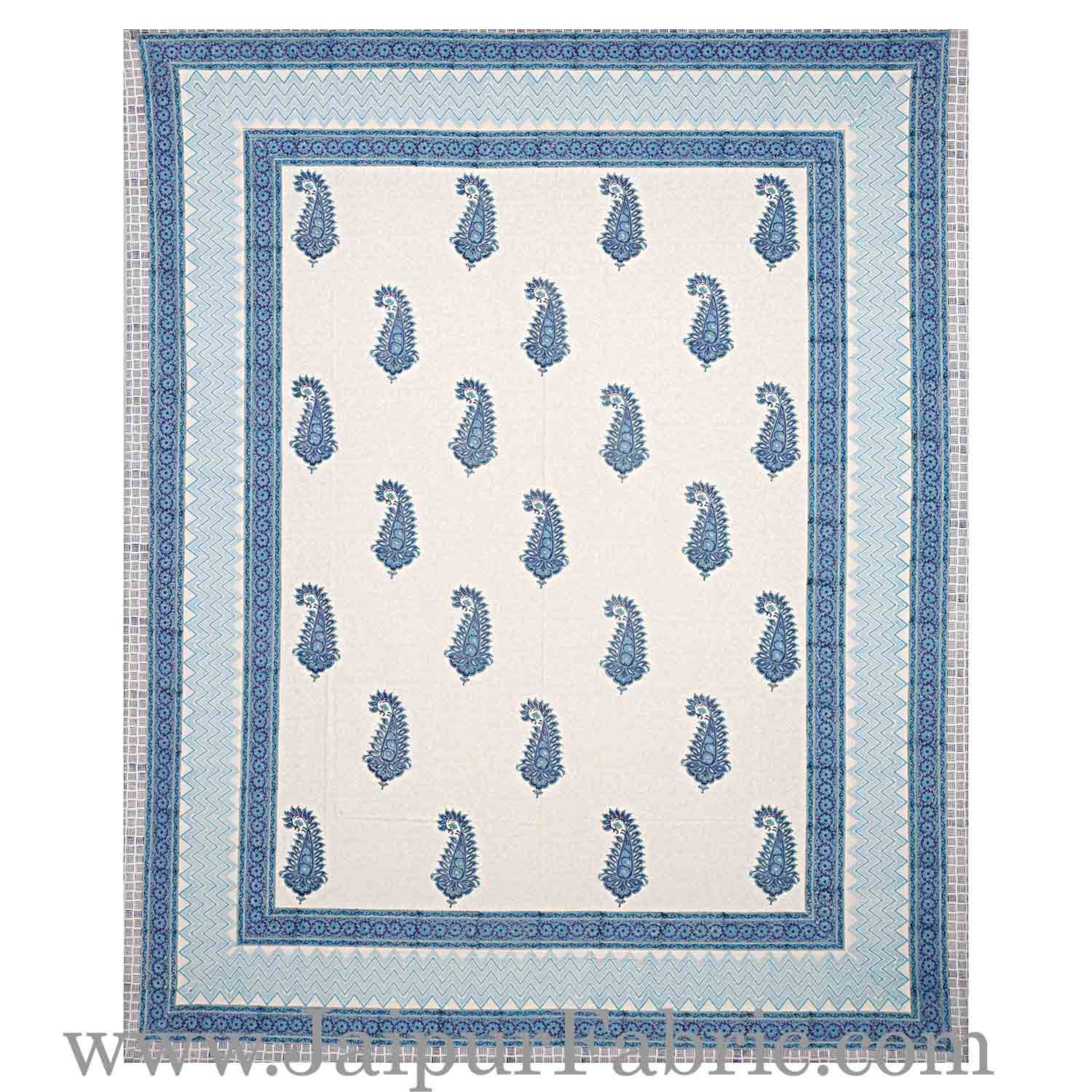 Double Bed Sheet White Base With Kadi Print Blue Rajasthani Buta Hand Block Print Super Fine  Cotton