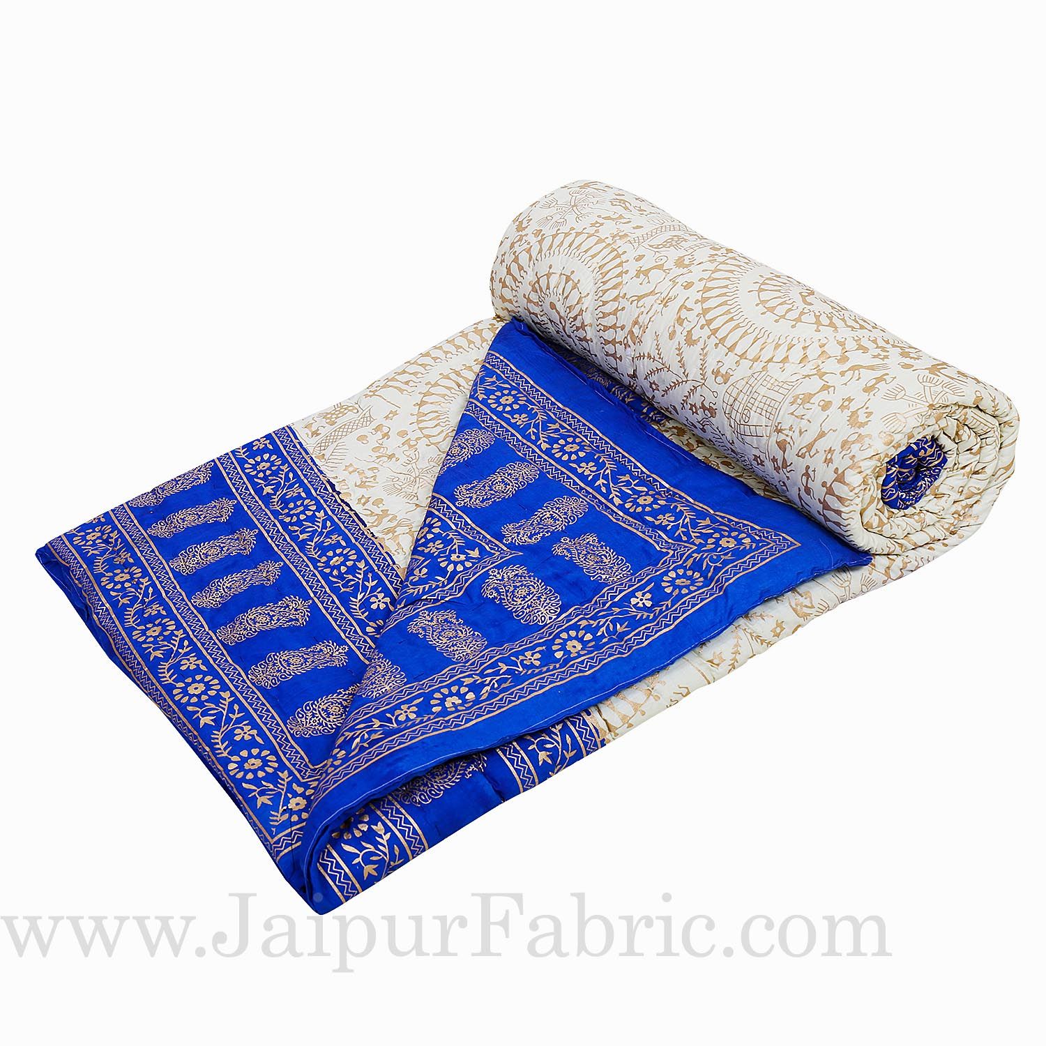 Light Blue  Cream Base  With Golden Print Figure Print Super Fine Cotton Voile(Mulmul) Both Side Printed Cotton Double Bed Quilt