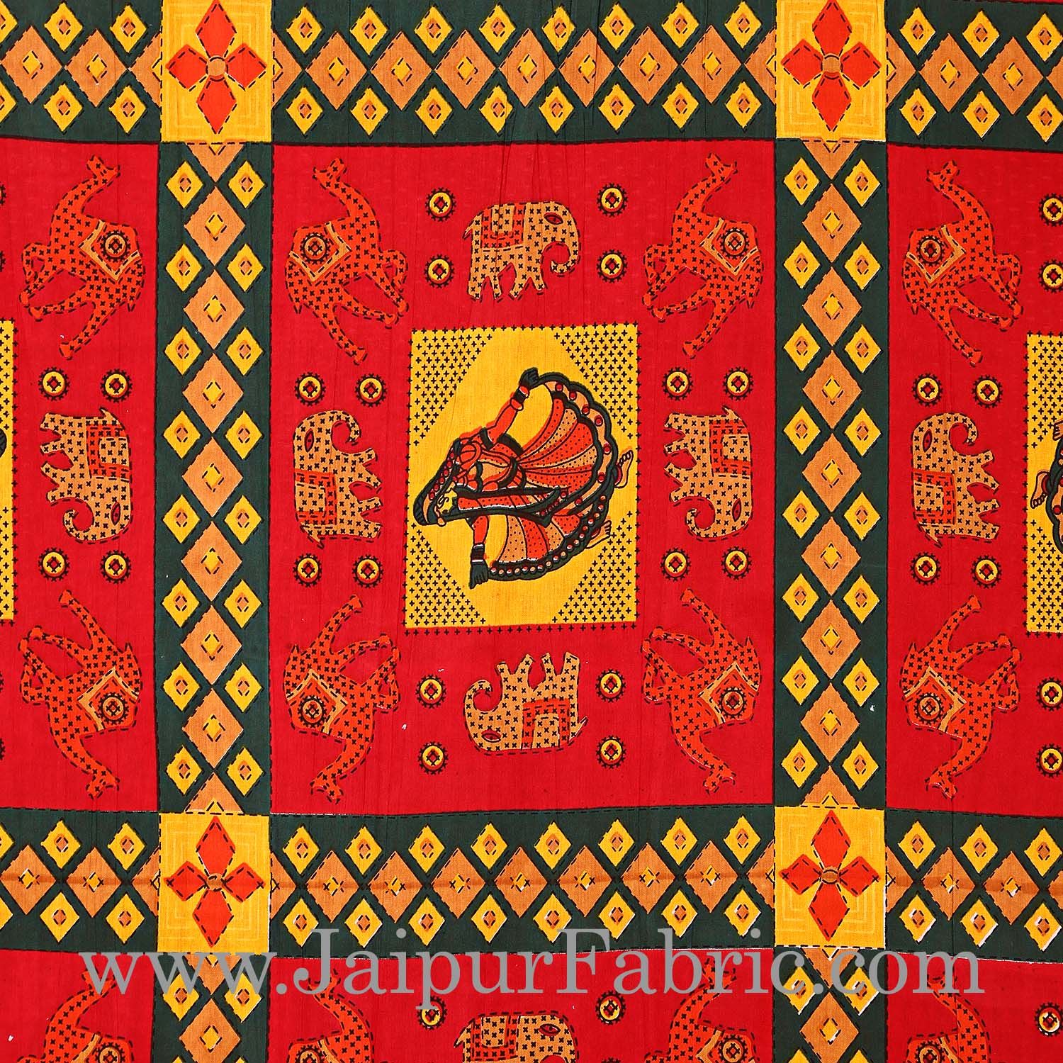 Yellow Border Red Base Gujri Dance In Square Pattern Cotton Double Bed Sheet
