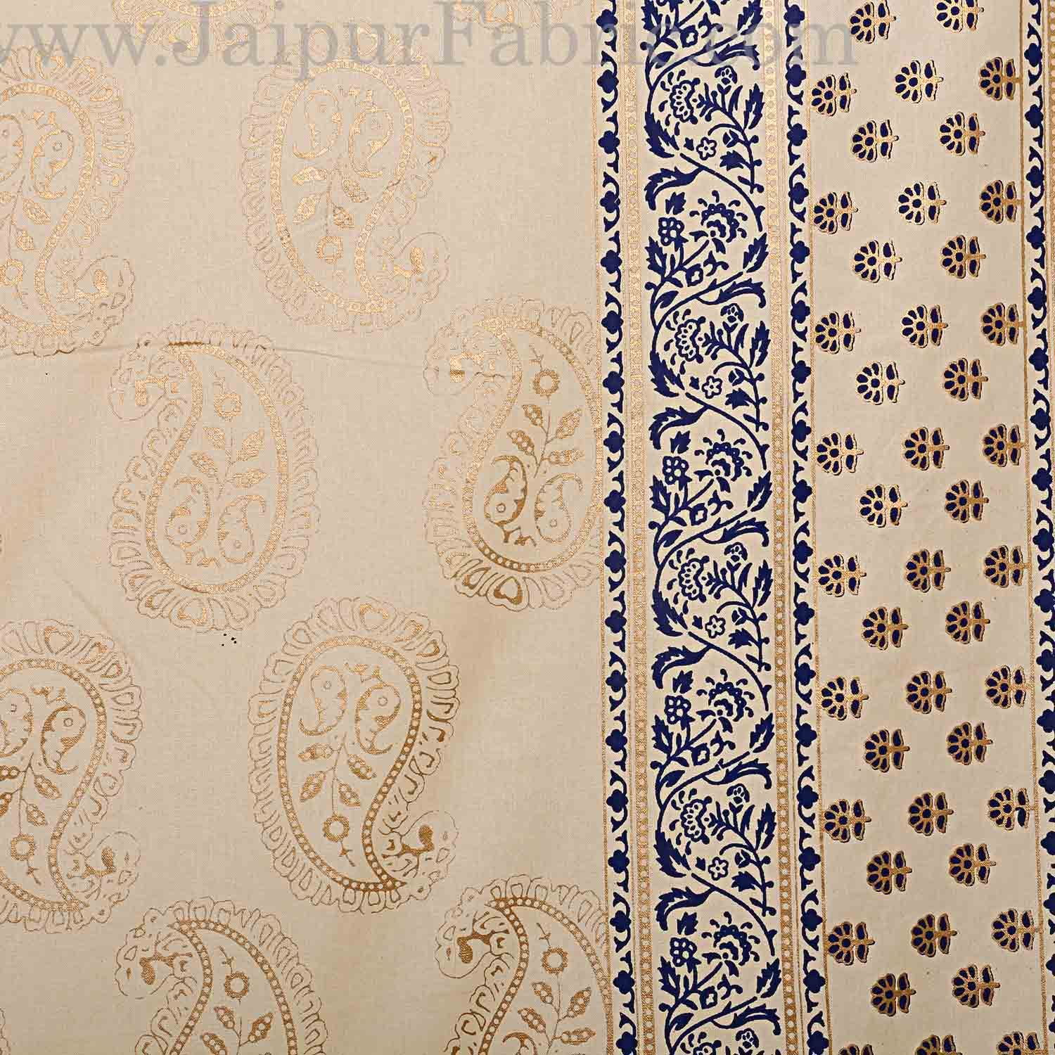 Double Cotton Bed Sheet  Cream  Base With Golden hand Block Kerry  Print