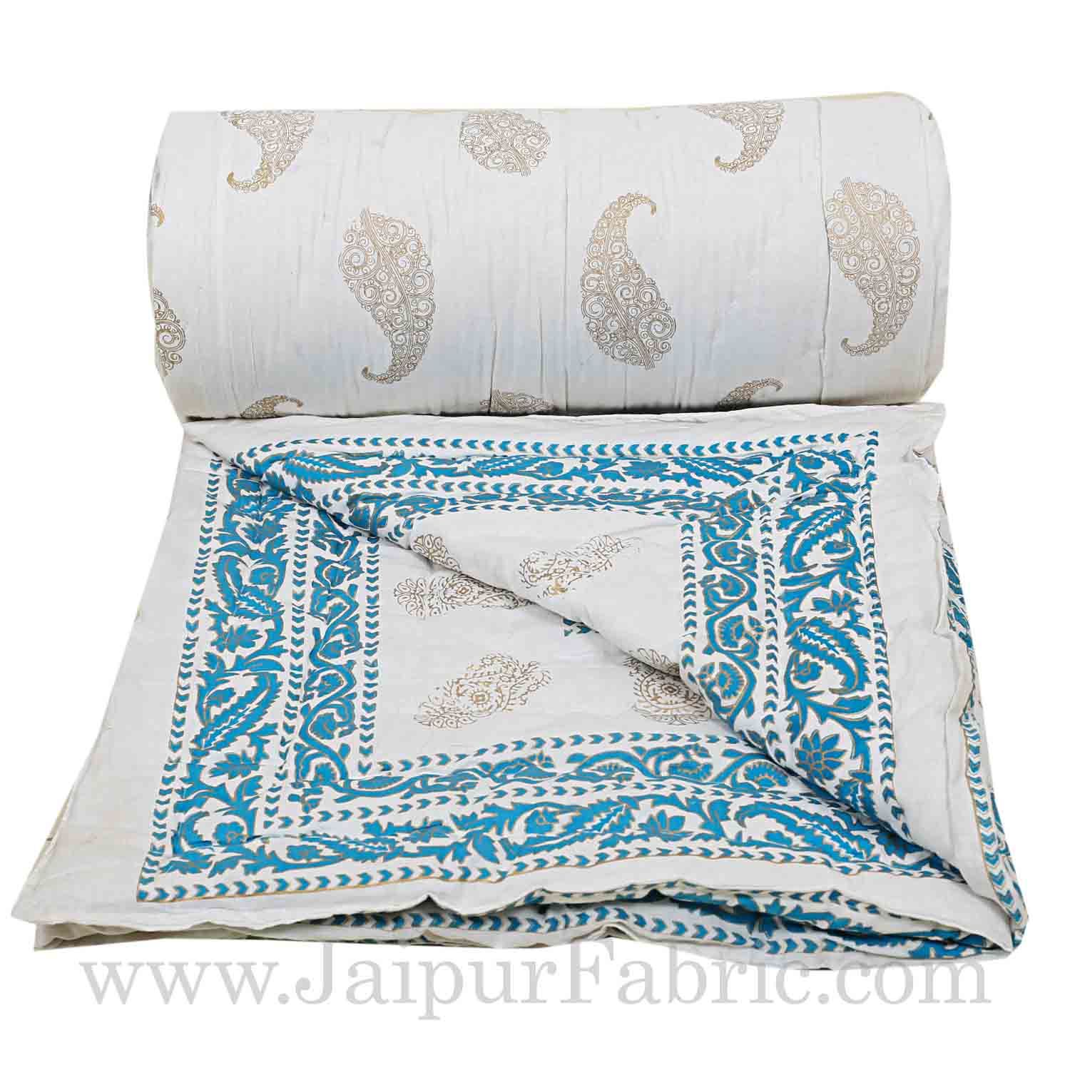 Jaipuri Printed Double Bed Razai Golden  Blue White base with Paisley pattern