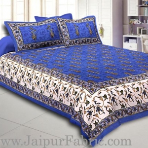 Blue And Cream Border With Blue Base With  Small Mughal Print Cotton Double Bedsheet