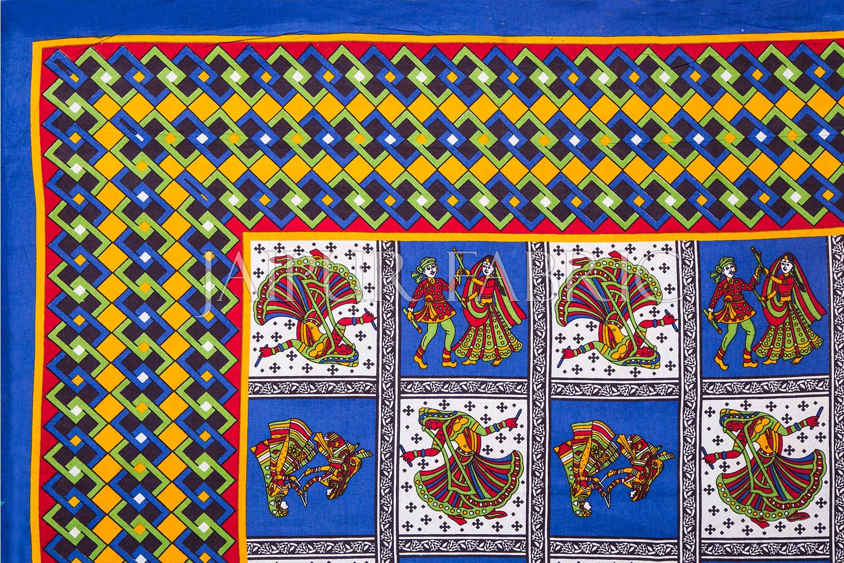 Blue Color Jaipuri Folk Dance Print Cotton Double Bed Sheet