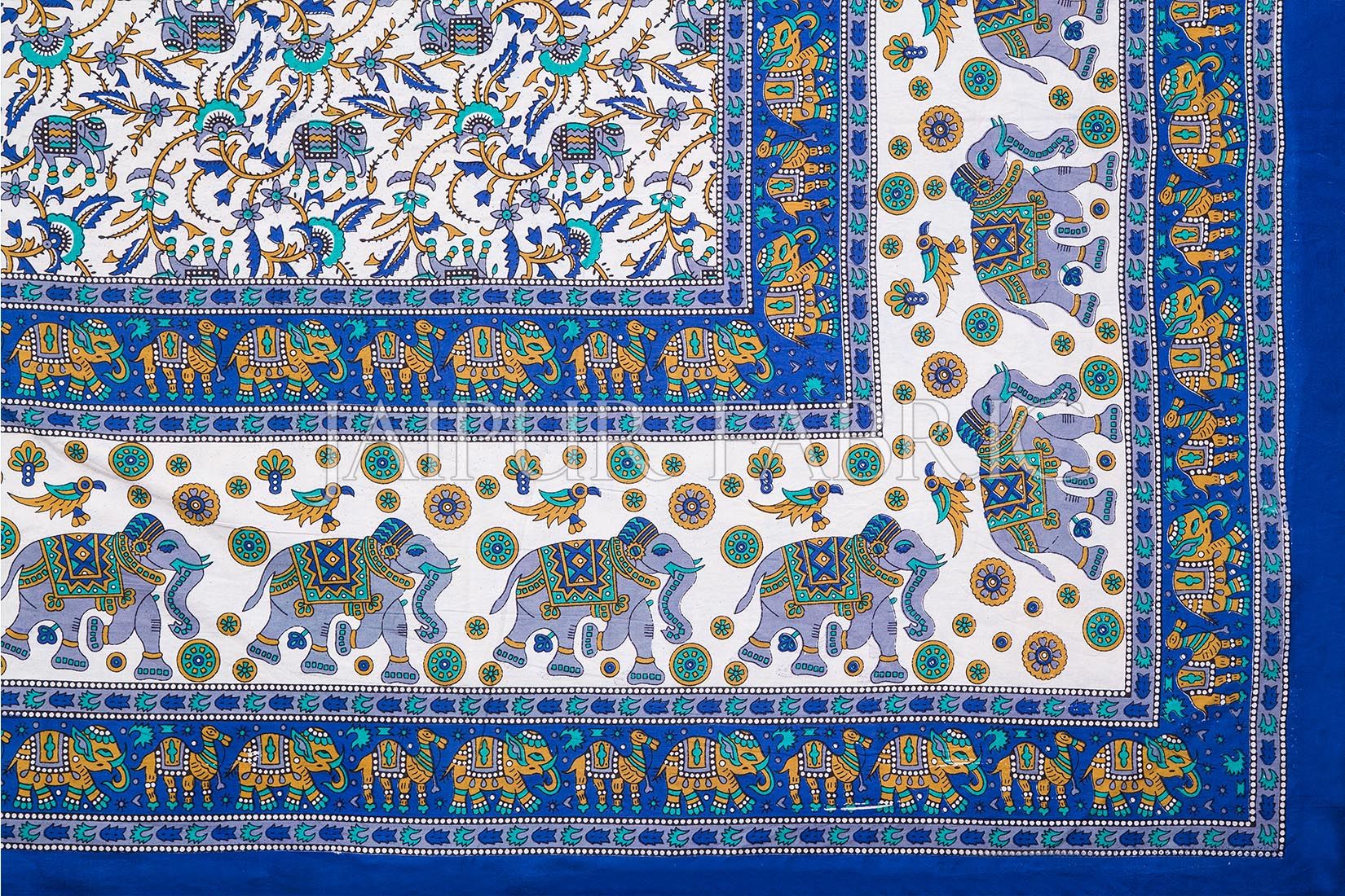 Blue Border Elephant Camel and Bird Print Cotton Double Bed Sheet
