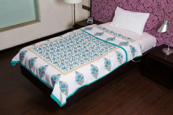 Green Jaipuri Print Cotton AC Quilt Single Bed Quilt