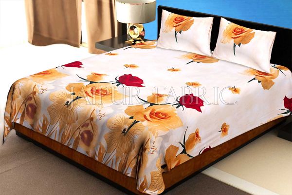 White Base Orange Flower Print Cotton Double Bed Sheet