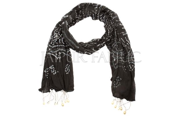 Black Bandhej Mirror and Beads Work Stole