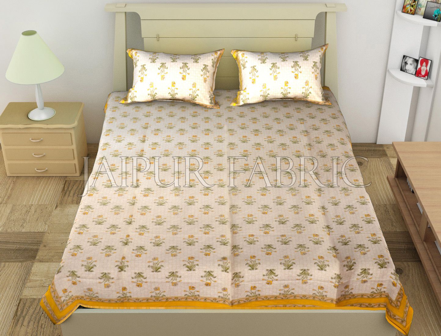 Yellow Border Trellis Base Floral Printed Cotton Single Bed Sheet
