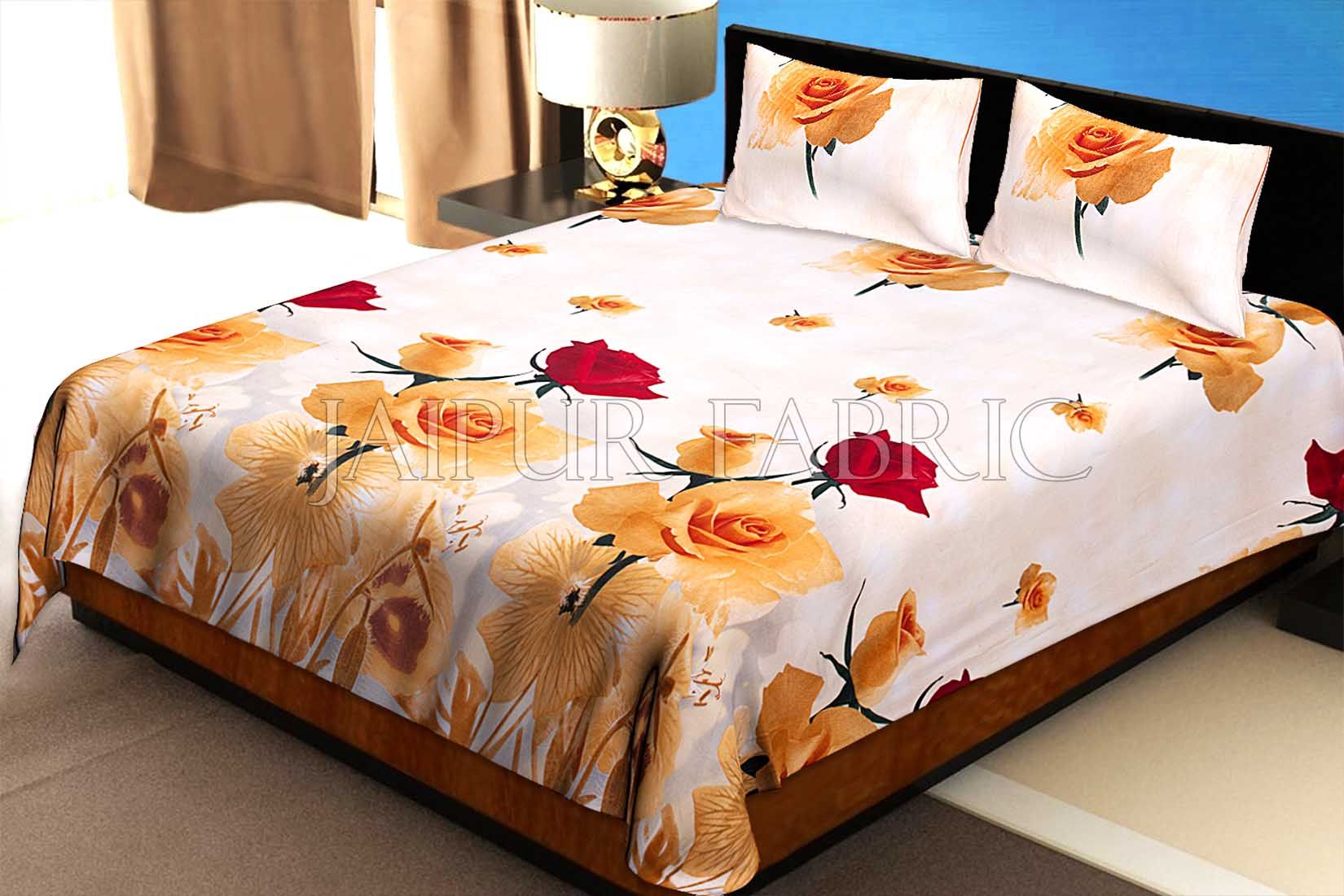 White Base Orange Flower Print Cotton Single Bed Sheet
