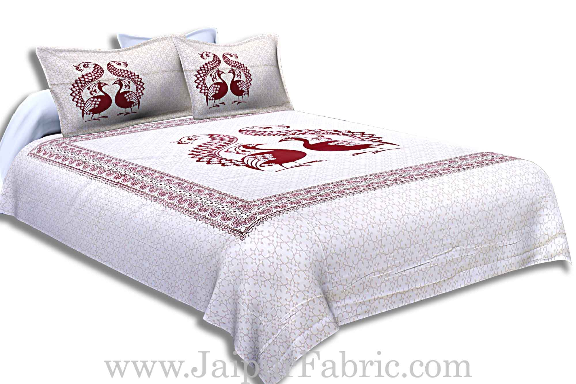 Twill Cotton Double Bedsheet Burgundy Red  Peacock Pair